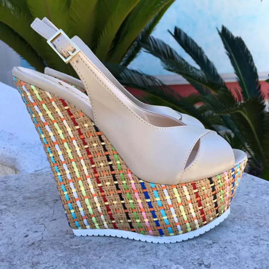 Donna SHARLENE CALZATURE Zeppe-Beige Straw Leather Decollete - Code 13486