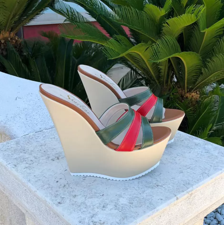 Donna SHARLENE CALZATURE Zeppe-Beige/Red Dark Green Leather Sabot Wedge - Cod. 25241
