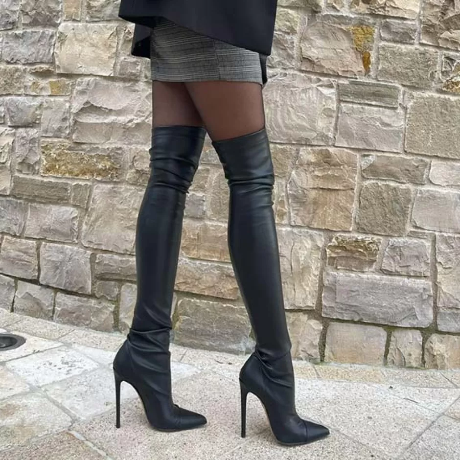 Donna SHARLENE CALZATURE Stivali-Black Leather Elastic Boot - Cod. 27508