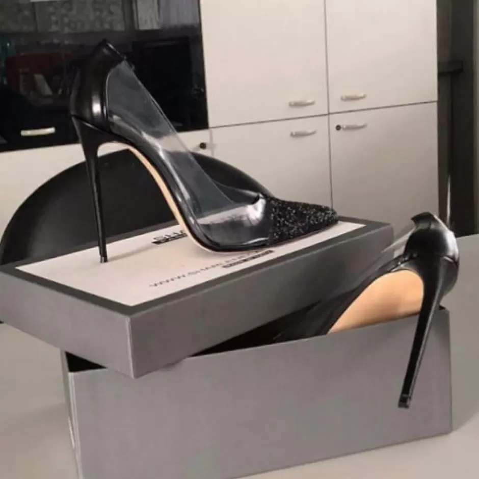 Donna SHARLENE CALZATURE Decollete-Black Leather Glitter/Transparent Pumps - Cod. 22556