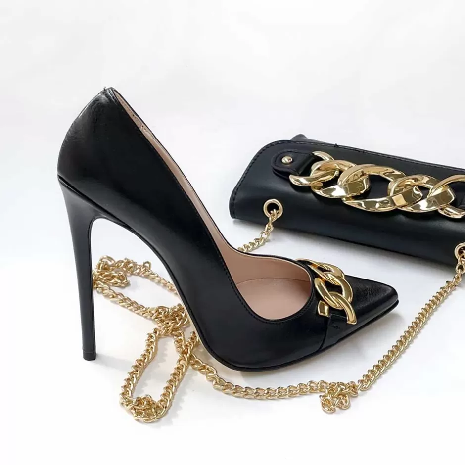 Donna SHARLENE CALZATURE Decollete-Black Leather/ Gold Charme Decollete - Cod. 14591