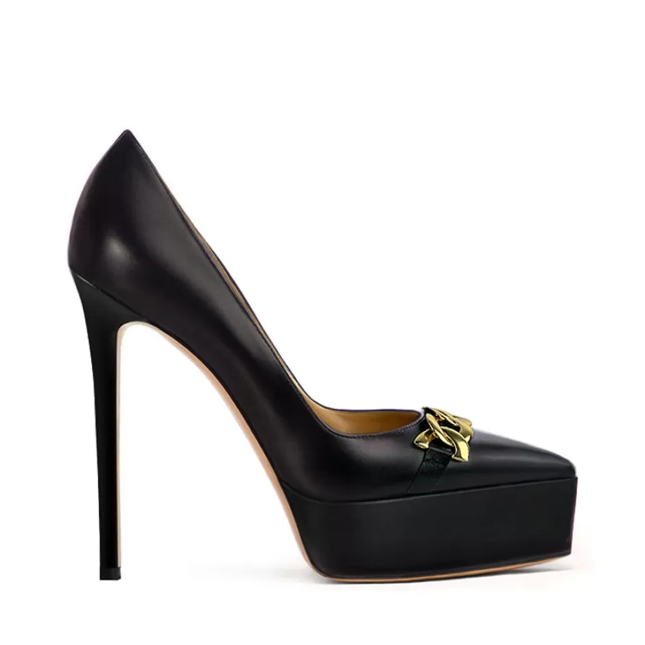 Donna SHARLENE CALZATURE Decollete-Black Leather/ Gold Charme Decollete - Cod. 38435