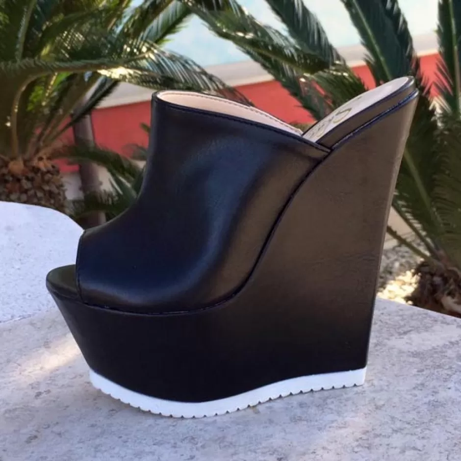 Donna SHARLENE CALZATURE Zeppe-Black Leather Sabot Wedge - Code 11454