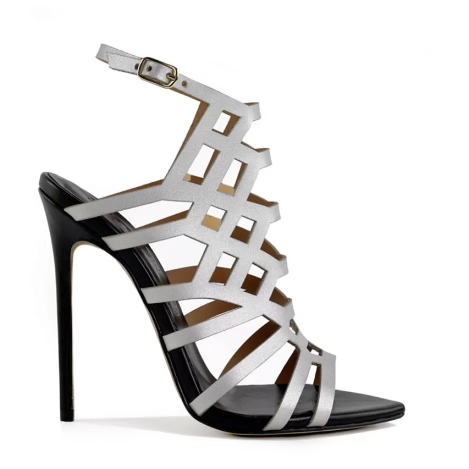 Donna SHARLENE CALZATURE Sandali-Black Leather/Silver Lace-Up Sandal - Cod. 40078