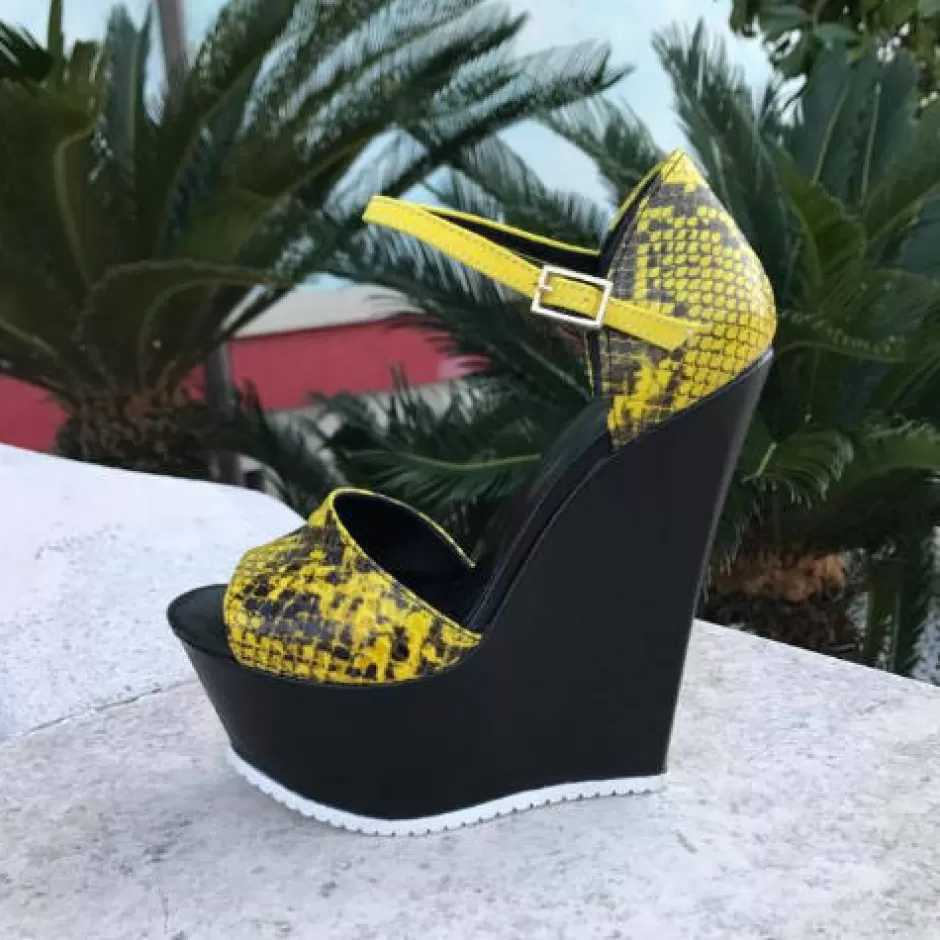 Donna SHARLENE CALZATURE Sandali-Black Leather/Yellow Pythonate Sandalwood - Cod. 16038