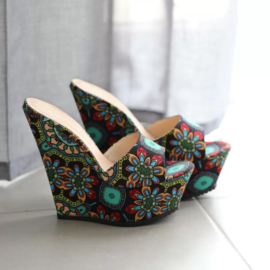 Donna SHARLENE CALZATURE Zeppe-Black Multicolor Floral Fabric Sabot Wedge - Code 33150