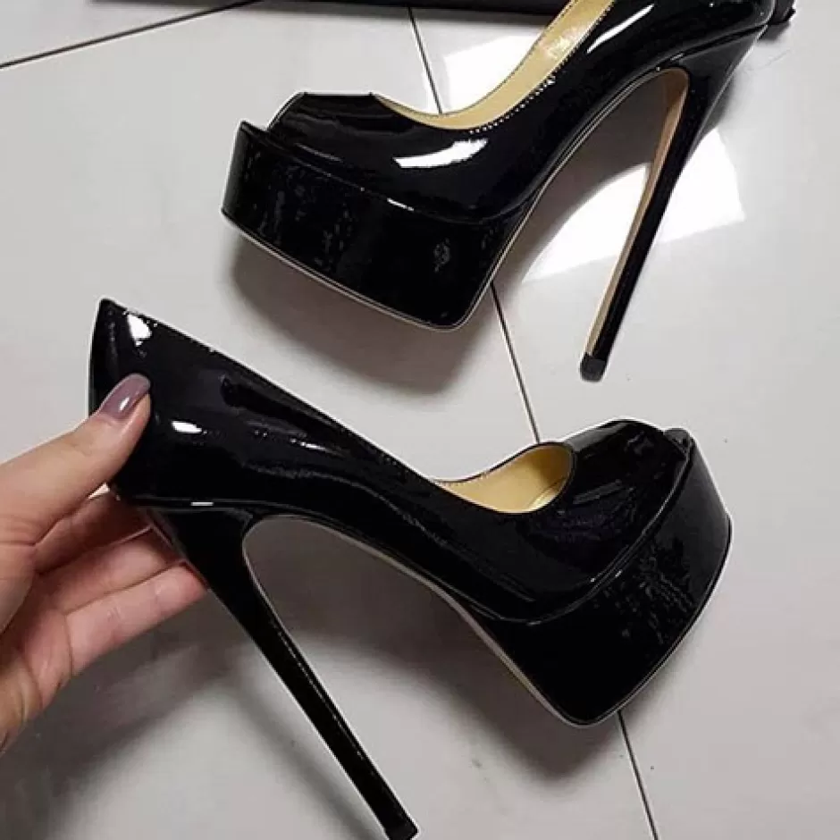 Donna SHARLENE CALZATURE Decollete-Black Patent Leather Open-Toe Pump - Cod. 24593