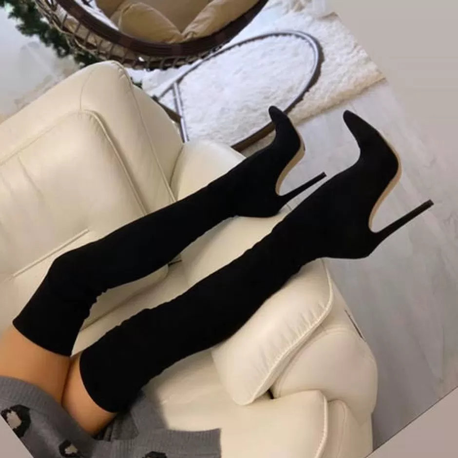 Donna SHARLENE CALZATURE Stivali-Black Suede Stretch Boot - Cod. 34781