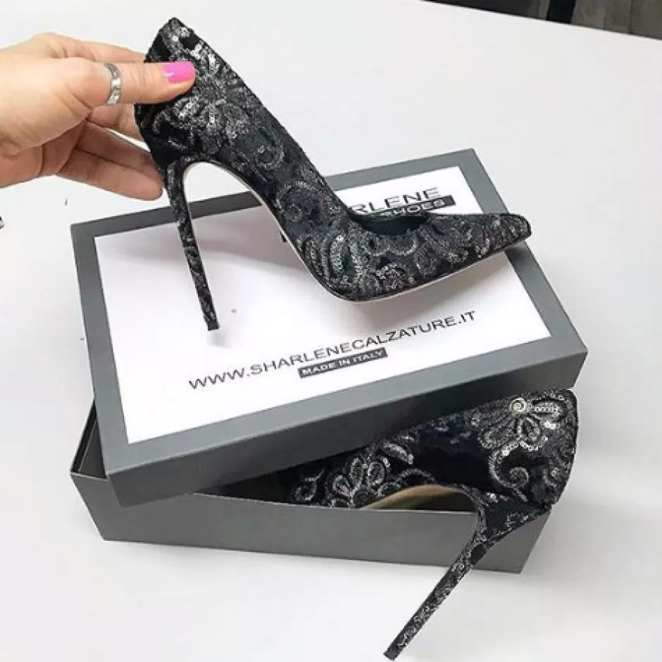 Donna SHARLENE CALZATURE Decollete-Black Velvet / Sequetry Embroidery - Cod. 21756