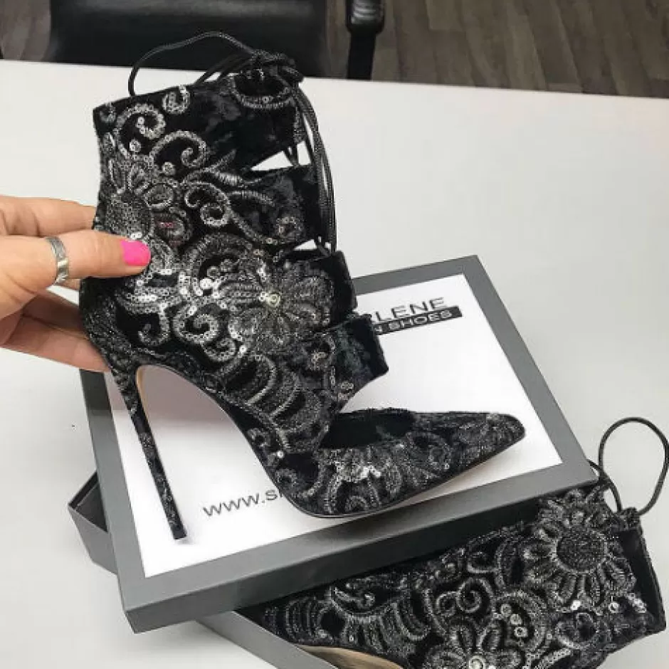 Donna SHARLENE CALZATURE Decollete-Black Velvet Lace-Up Ankle Boot/ Sequin Embroidery - Cod. 21729
