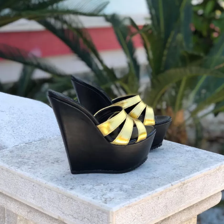 Donna SHARLENE CALZATURE Zeppe-Black/Gold Leather Sabot Wedge - Cod. 24881