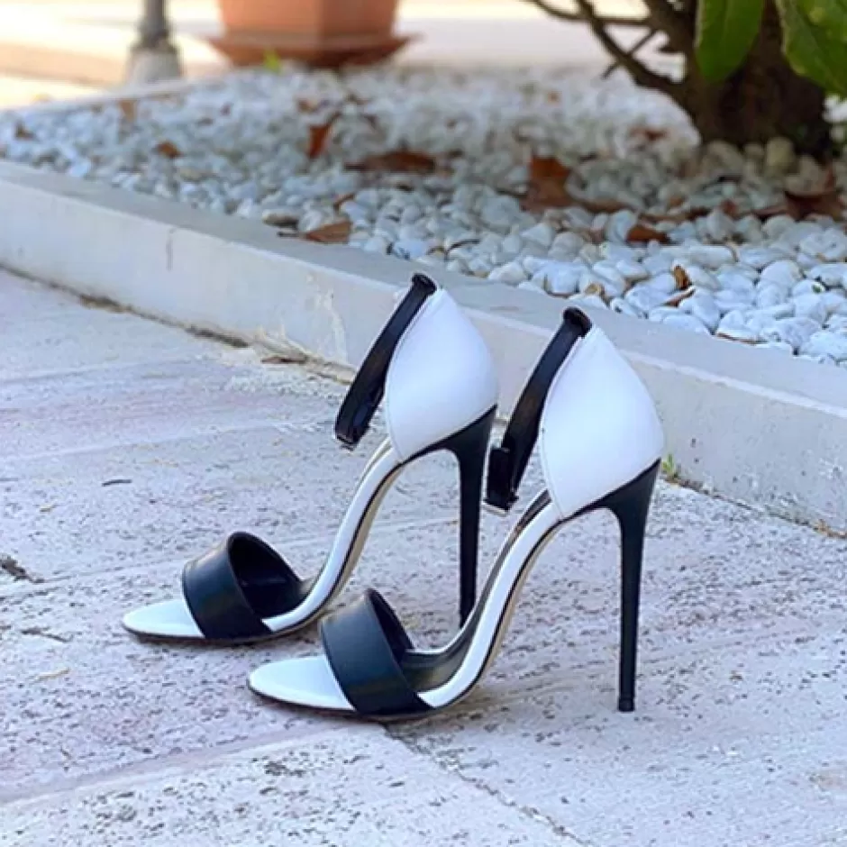 Donna SHARLENE CALZATURE Sandali-Black/White Leather Sandal - Cod. 28798