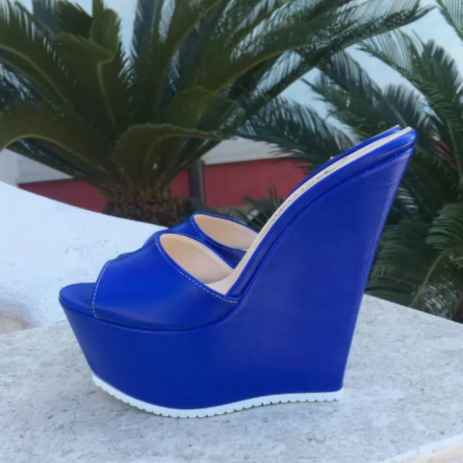 Donna SHARLENE CALZATURE Zeppe-Blue Leather Sabot - Cod. 16487