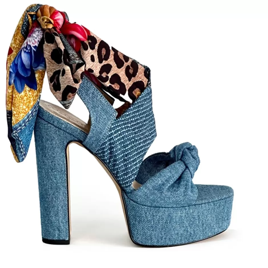Donna SHARLENE CALZATURE Sandali-Blue/Flowered Jeans Lace-Up Sandal - Cod. 39479