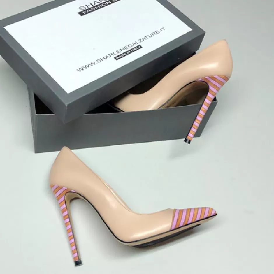 Donna SHARLENE CALZATURE Decollete-Flesh Leather/ Striped Fabric Pump - Cod. 23512