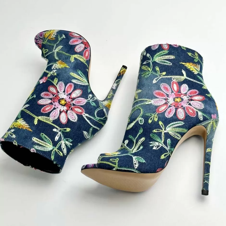 Donna SHARLENE CALZATURE Tronchetti-Floral Denim Blunt Ankle Boot - Cod. 39834