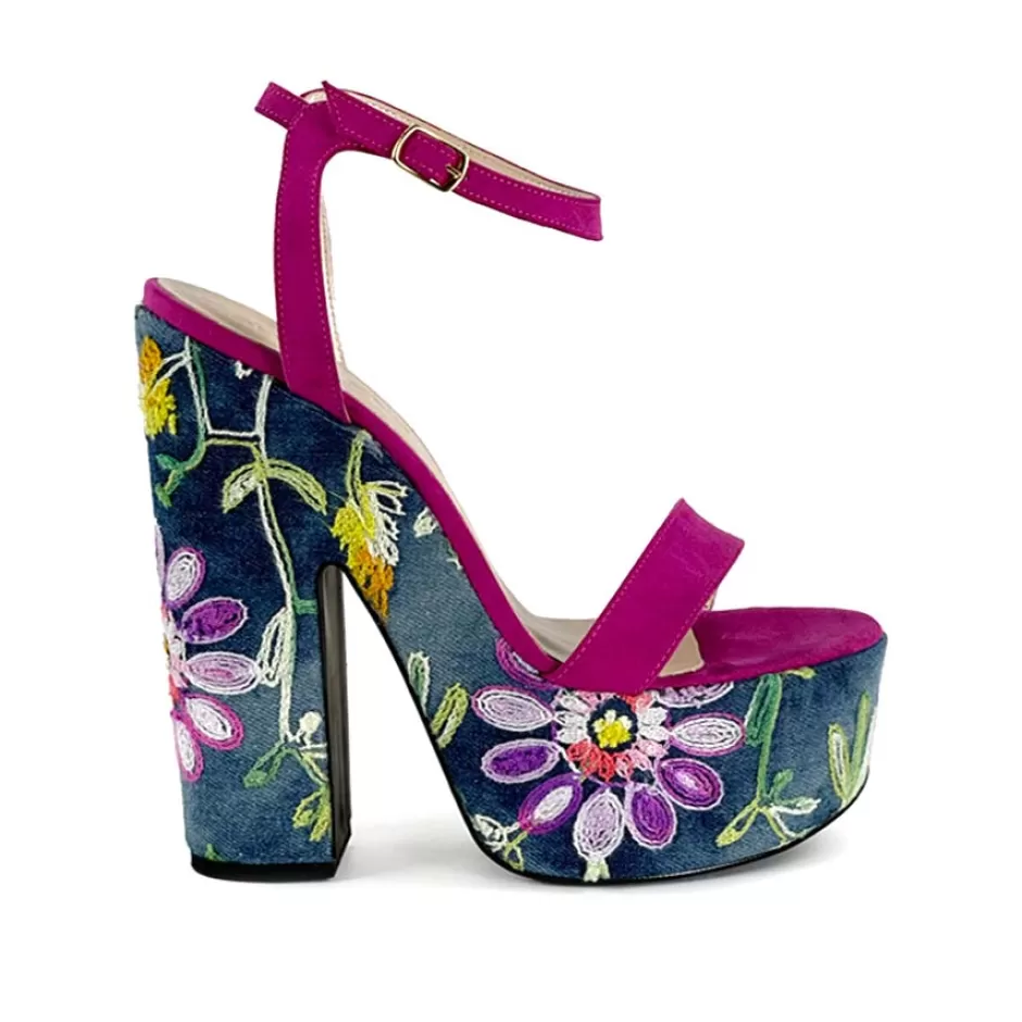 Donna SHARLENE CALZATURE Sandali-Floral/Fuchsia Denim Sandal Wedge - Cod. 39880