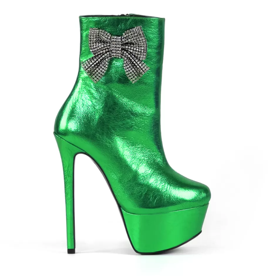 Donna SHARLENE CALZATURE Tronchetti-Green Laminated Ankle Boot/ Jewel Bow - Cod. 36097