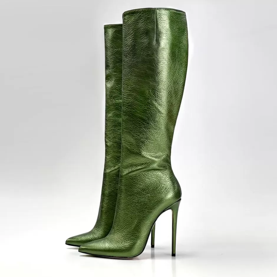 Donna SHARLENE CALZATURE Stivali-Green Laminated Leather Boot - Cod. 26377