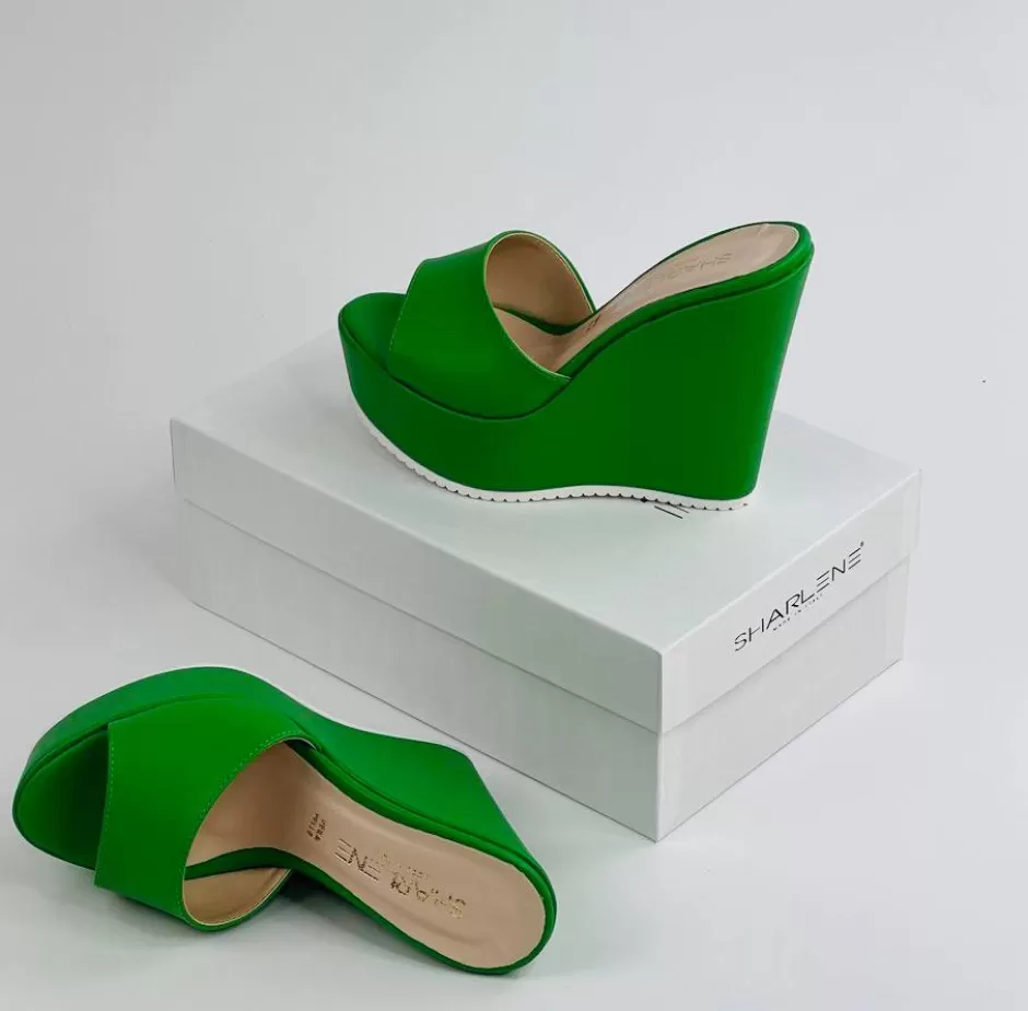 Donna SHARLENE CALZATURE Zeppe-Green Leather Sabot Wedge - Code 33084