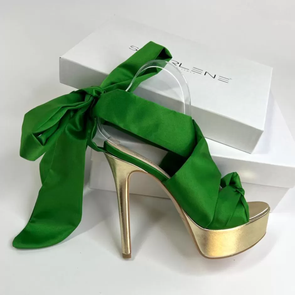 Donna SHARLENE CALZATURE Sandali-Green Satin/Platinum Leather Knot Sandal - Code 34086