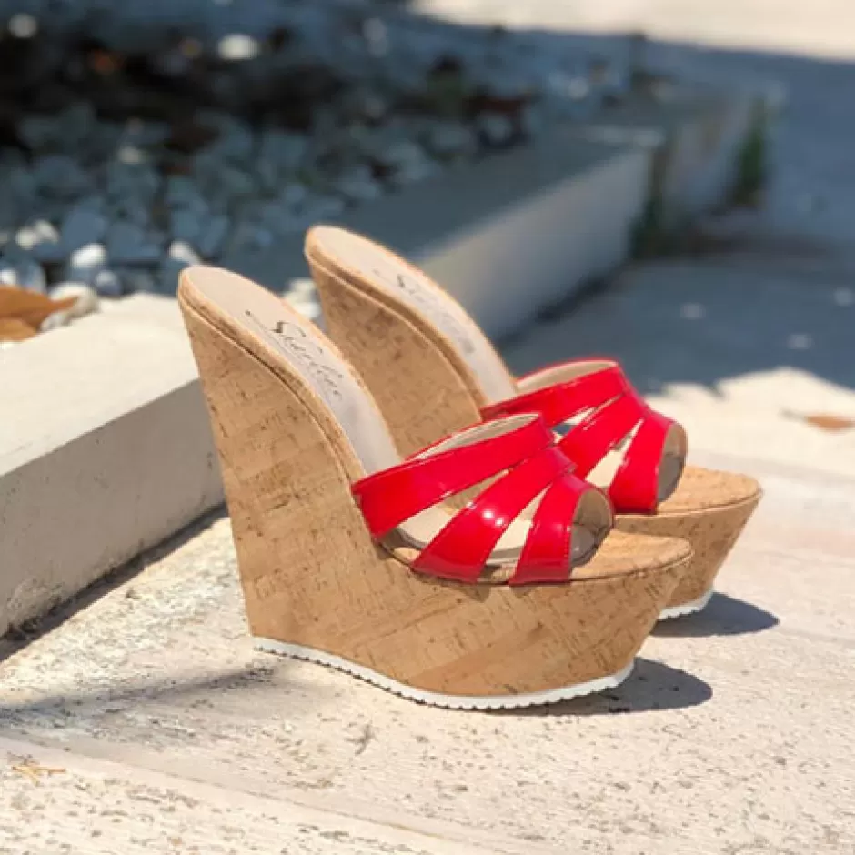 Donna SHARLENE CALZATURE Zeppe-Red Patent Leather/ Cork Wedge Sabot - Cod. 24969