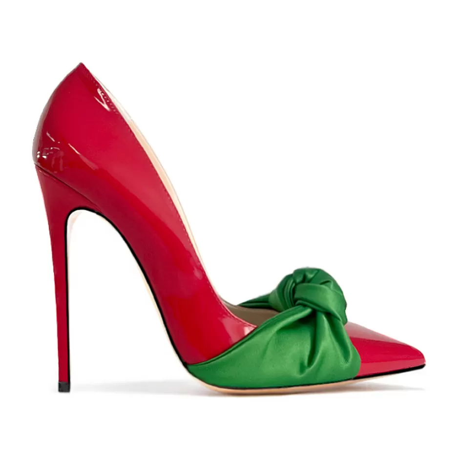 Donna SHARLENE CALZATURE Decollete-Red Patent Leather/ Green Bow Pumps - Cod. 39893