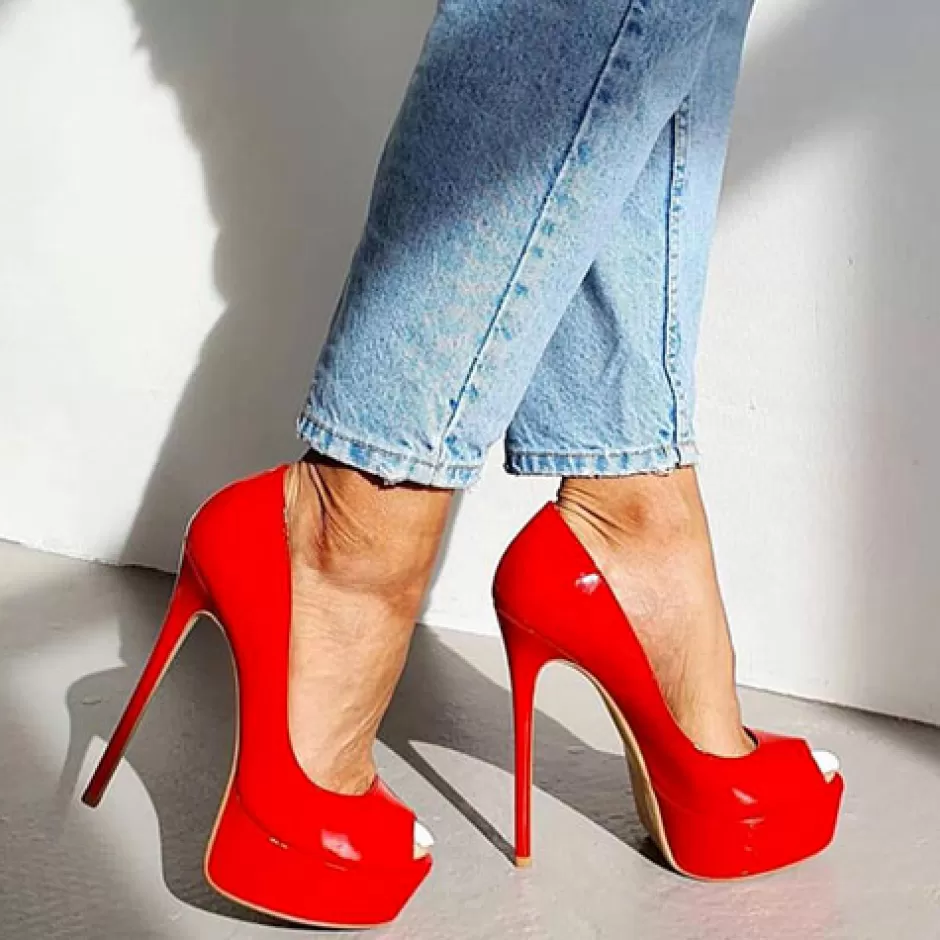 Donna SHARLENE CALZATURE Decollete-Red Patent Leather Open-Toe Pump - Cod. 14641