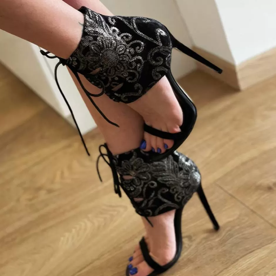 Donna SHARLENE CALZATURE Sandali-Sandalo Allacciato Pelle Nera/ Paillettes – Cod. 12935