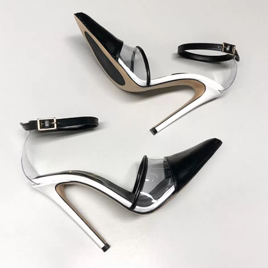 Donna SHARLENE CALZATURE Sandali-Sandalo Pelle Nera Bianca/ Vinile Trasparente – Cod. 23351