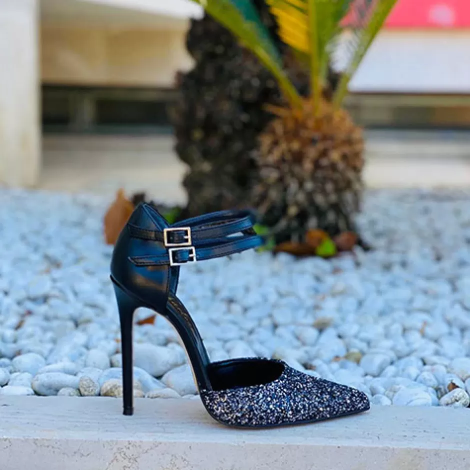 Donna SHARLENE CALZATURE Sandali-Sandalo Pelle Nera/ Glitter Grigio – Cod. 28312