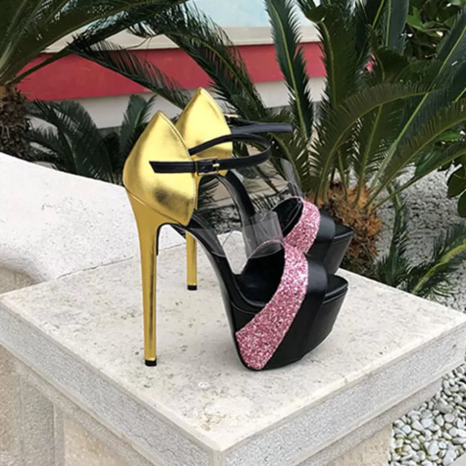 Donna SHARLENE CALZATURE Sandali-Sandalwood Leather Gold/ Black Glitter Pink - Cod. 23800