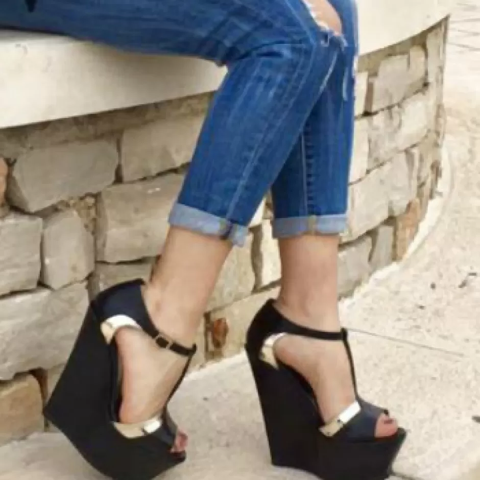 Donna SHARLENE CALZATURE Sandali-Sandalwood Zeppa Black Leather/ Platinum - Cod. 19272