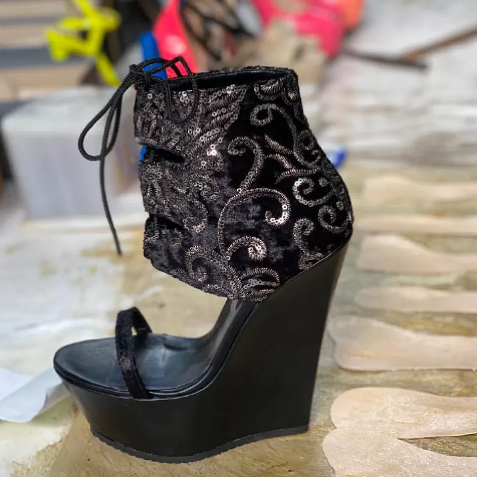 Donna SHARLENE CALZATURE Zeppe-Wedge Sandal Black Leather/ Sequins - Cod. 25244