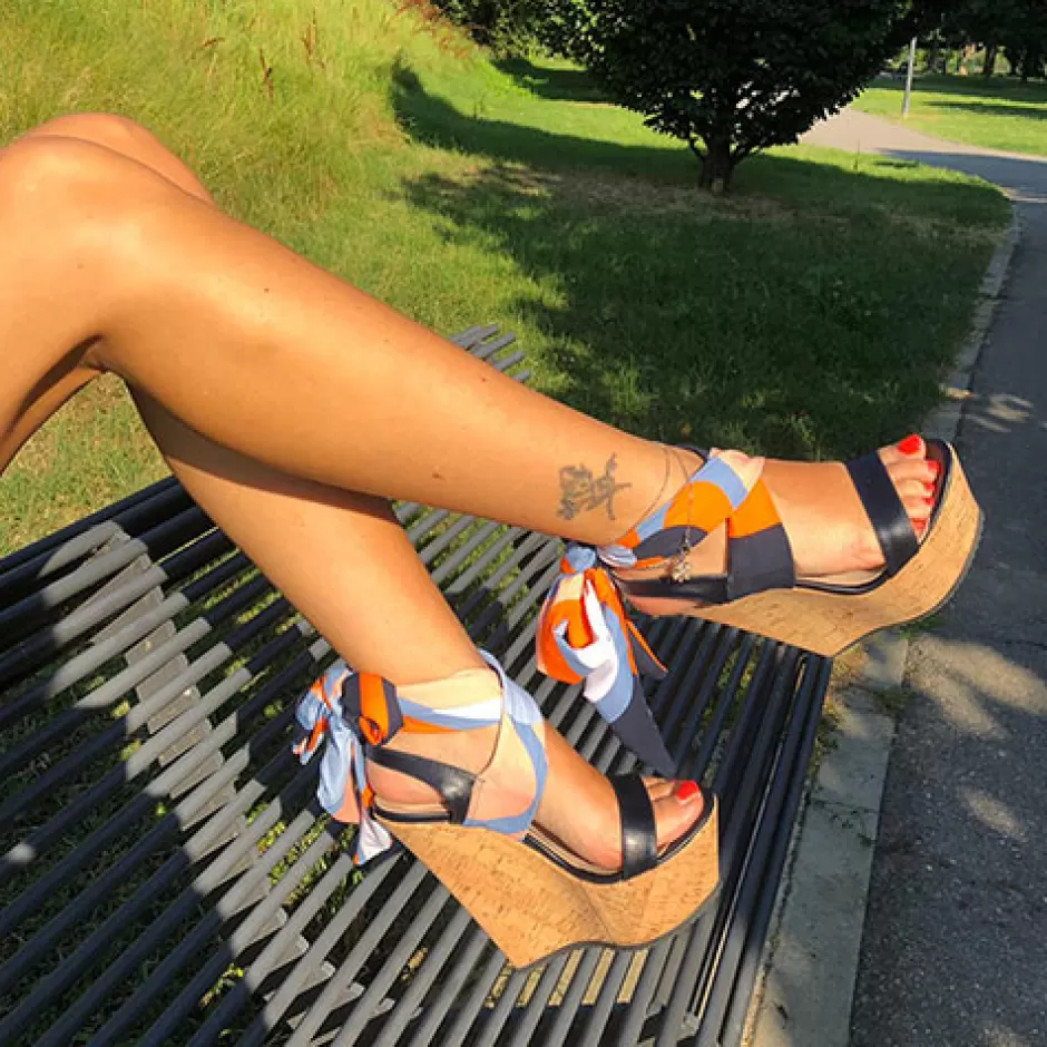 Donna SHARLENE CALZATURE Sandali-Wedge Sandal Lace-Up Midnight Blue/Multicolor Fabric/Cork - Cod. 29032