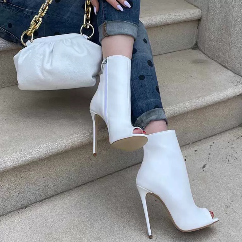 Donna SHARLENE CALZATURE Tronchetti-White Leather Open-Toe Ankle Boot - Cod. 19780