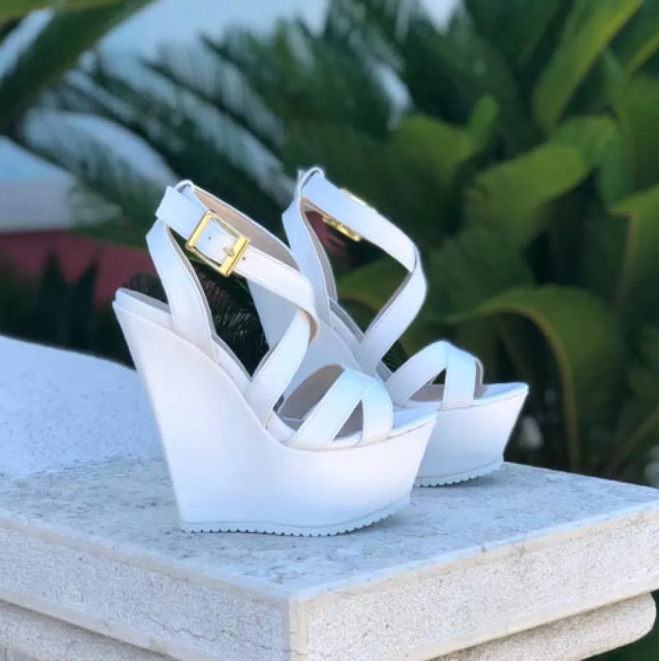 Donna SHARLENE CALZATURE Zeppe-White Leather Wedge Sandal - Cod. 27283