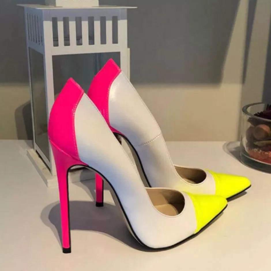 Donna SHARLENE CALZATURE Decollete-White Leather/Fluo Patent Leather Pumps - Cod. 21238