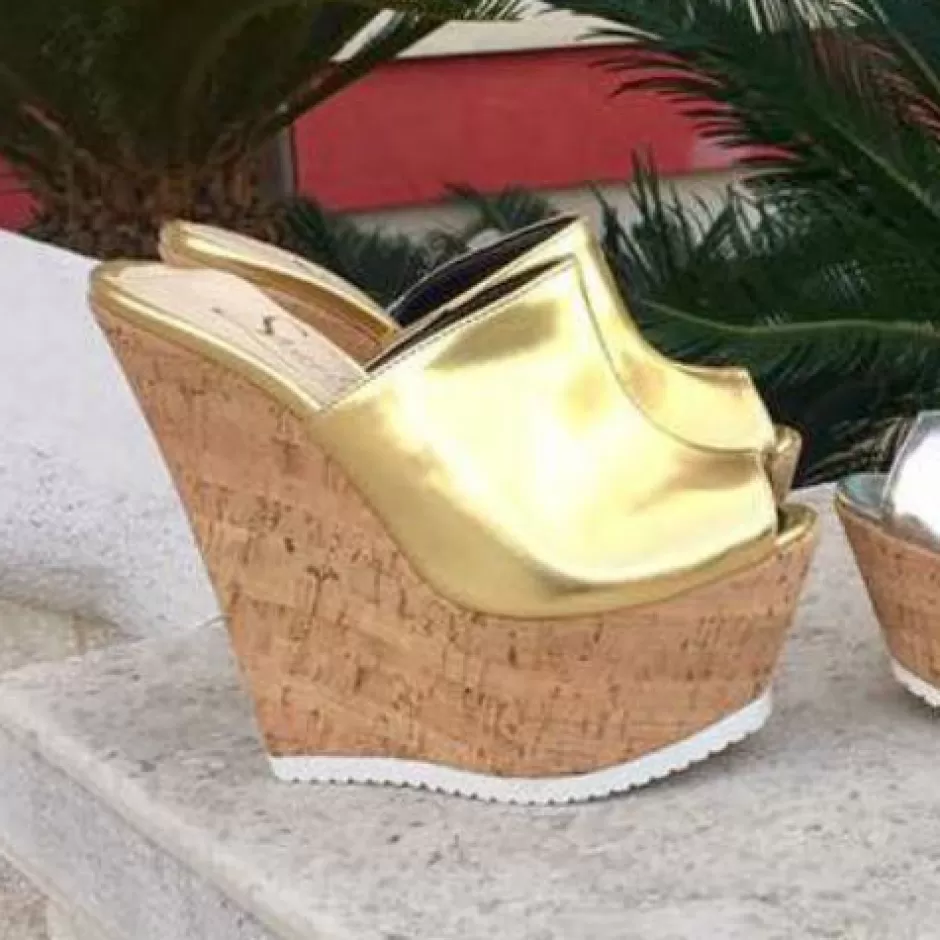 Donna SHARLENE CALZATURE Zeppe-Zeppa Sabot Pelle Oro/ Sughero – Cod. 14758