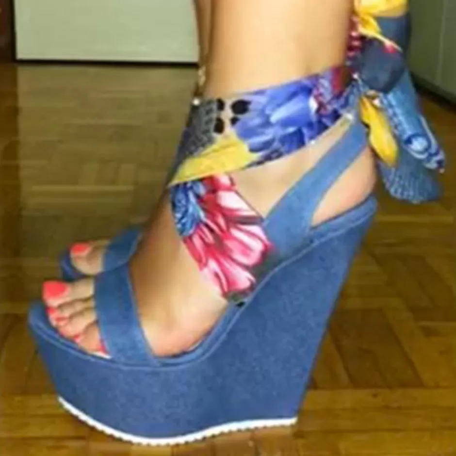 Donna SHARLENE CALZATURE Sandali-Zeppa Sandal Lace-Up Jeans/Floral Fabric - Cod. 29214