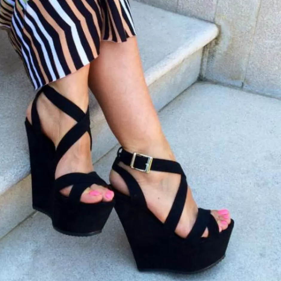 Donna SHARLENE CALZATURE Sandali-Zeppa Sandalo Camoscio Nero – Cod. 17281