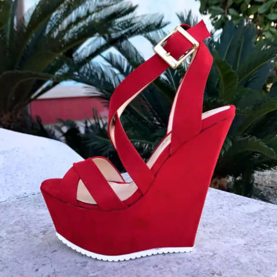 Donna SHARLENE CALZATURE Sandali-Zeppa Sandalo Camoscio Rosso - Code 15542